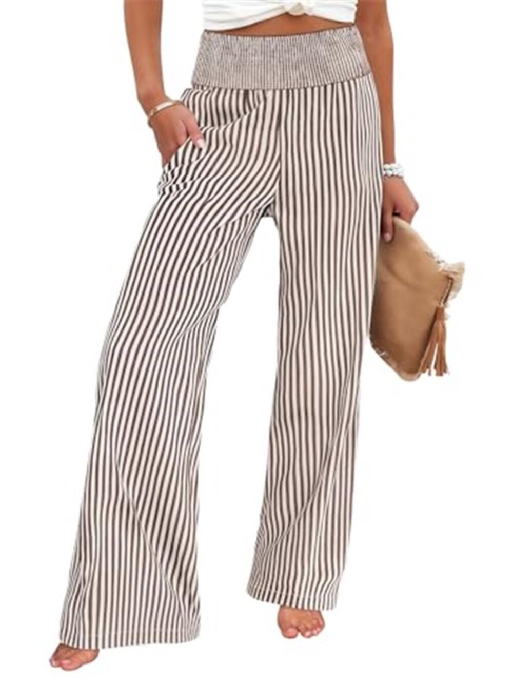 Womens Palazzo Pants Wide Leg Smocked Waist Plaid Stripe Rayon Lounge Pants
